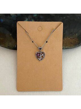 Sterling Silver 925 Petite Dainty Ruby Flower Double Heart Pendant Necklace 16"